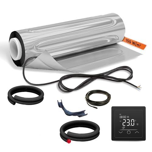 EH Expert AluPROFI -150 W/m²- 2,5 m² -Heizmatten-Set für schwimmende Bodenbeläge – Elektrische Fußbodenheizung für Vinyl, Laminat, Parkett – mit Touch-Thermostat und Installationsmaterial (Schwarz) von EH Expert