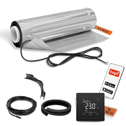 EH Expert AluPROFI -150 W/m²- 15 m² -Heizmatten-Set für schwimmende Bodenbeläge –Elektrische Fußbodenheizung für Vinyl, Laminat, Parkett– mit WLAN-Touchthermostat und Installationsmaterial (Schwarz) von EH Expert