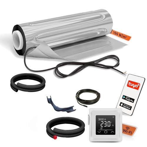 EH Expert AluPROFI -150 W/m²- 15 m² -Heizmatten-Set für schwimmende Bodenbeläge –Elektrische Fußbodenheizung für Vinyl, Laminat, Parkett– mit WLAN-Touchthermostat und Installationsmaterial (Weiß) von EH Expert