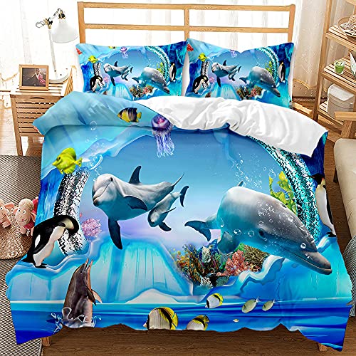 EHAOKK 3D Delfin bettwäsche 135x200,Delfin,Tropischer Fisch,Korallen,Meeresleben Bettbezug,Blaue Unterwasserwelt Bettbezug für Kinder von EHAOKK