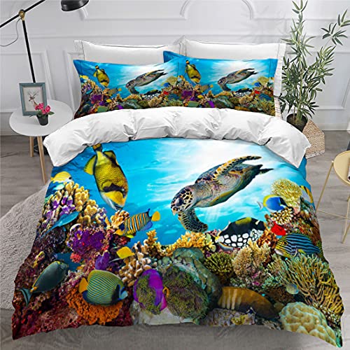 EHAOKK 3D Meer Tier Bettwäsche Set,Delfin,schildkröten bettwäsche，Tropischer Fisch,Korallen,Meeresleben Bettbezug,Blaue Unterwasserwelt Bettbezug für Kinder (B, 135 x 200 cm) von EHAOKK