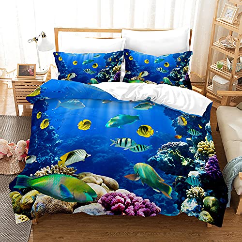 EHAOKK 3D Meer Tier Bettwäsche Set,Delfin,Tropischer Fisch,Korallen,Meeresleben Bettbezug,Blaue Unterwasserwelt Bettbezug für Kinder (C, 200 x 200 cm) von EHAOKK