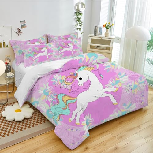 EHAOKK Einhorn Bettwäsche Set,Kinder Cartoon Einhorn Muster Bettbezug,Rosa Einhorn Bettbezug mit ReiäVerschluss für Jungen Mädchen (A, 200x200cm) von EHAOKK