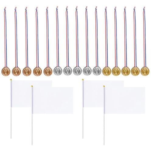 EHDWXVZM 15 Stück Medaillen Und 4 Stück Handgeschwenkte Flaggen, Plastikmedaillen, Kinderspielzeugmedaillen, Sportveranstaltungsmedaillen, Sportveranstaltungsdekorationen, Polyesterflaggen von EHDWXVZM