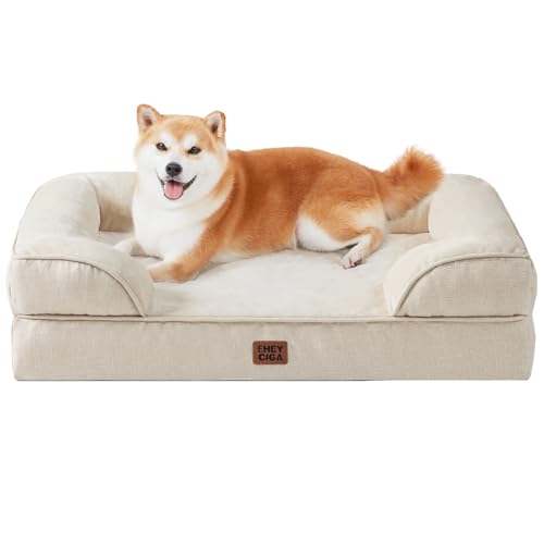 EHEYCIGA Orthopädisches Hundebett Grosse Hunde, 91x68x15cm, Memory Foam Hundekorb Mittelgroße Hunde, Waschbar Hundesofa Wasserdicht rutschfest, Hundecouch mit Hohem Rand, Beige von EHEYCIGA