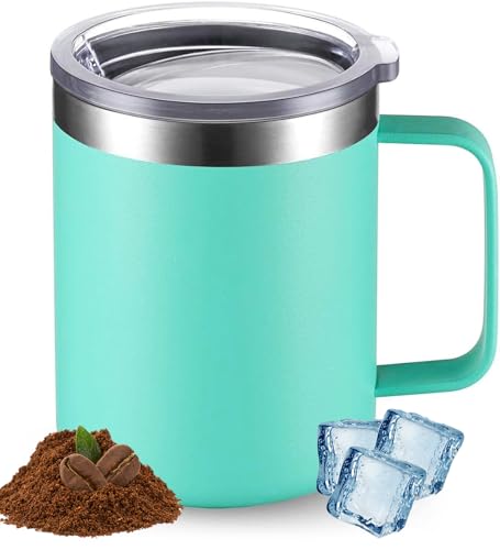 Kaffeebecher to Go, 12oz/360ml Edelstahl Kaffee-to-go Becher Thermo, Kaffee-Reisebecher mit Deckel, Autobecher doppelwandig isolier Thermotasse mit Henkel (Minzgrün) von EHIOG