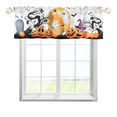 EHJOS Halloween Kürbis Geist Scheibengardinen Bistrogardine mit Stangendurchzug Kurz Stores Schals Landhaus Küchegardine für Küche Wohnzimmer 137x45cm,1 Stück von EHJOS