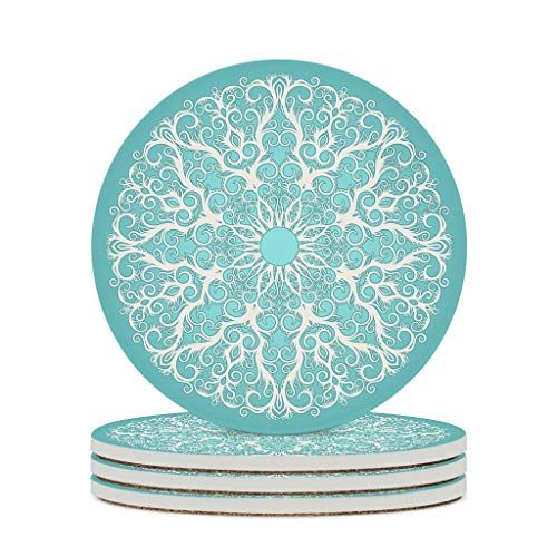 EHJOS Türkis Mandala Untersetzer Rund Keramik Glasuntersetzer mit Korkboden 4er Set Dekorative Untersetzer für Getränke Tassen Bar Glas 10cm White 4PCS von EHJOS