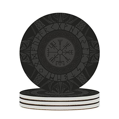 EHJOS Wikinger Runen Untersetzer Rund Keramik Glasuntersetzer mit Korkboden 4er Set Dekorative Untersetzer für Glas Tassen Vasen Kerzen 10cm White 6PCS von EHJOS