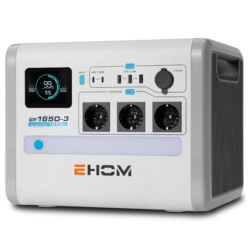 EHOM Tragbare Powerstation, EP1650 1024Wh LiFePO4 EVE Batterie Solar Generator Backup 230V AC/DC/USB, 1650W (Spitze 2700W) Mobile Stromversorgung als Notstromaggregat für RV Zuhause Outdoor Camping von EHOM