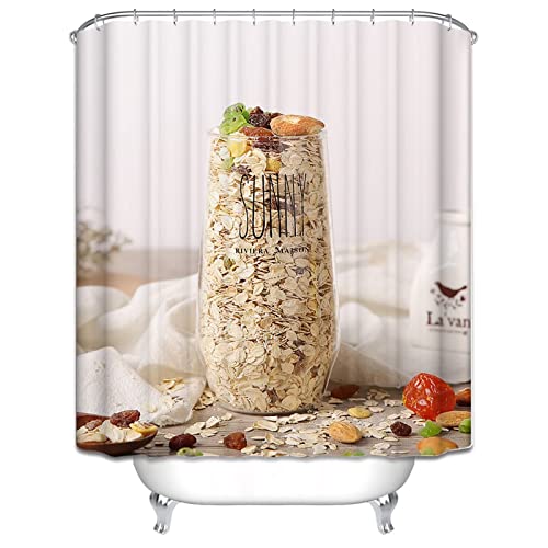 EHOMERY Duschvorhang Italien Motiv Duschrollo Zubehör Haferflocken Tasse Duschvorhang Stoff Lustig Badevorhang Ringe Polyester Rostfreie Ösen Und 12 Hakenringe, 90X180Cm von EHOMERY