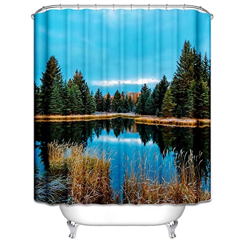 EHOMERY Duschvorhang Zum Runterziehen Dusch Für Badewanne Vorhang Wald Am See Duschvorhang Jalousie Duschrollo Gebogen Polyester Rostfreie Ösen Und 12 Hakenringe, 180X200Cm von EHOMERY