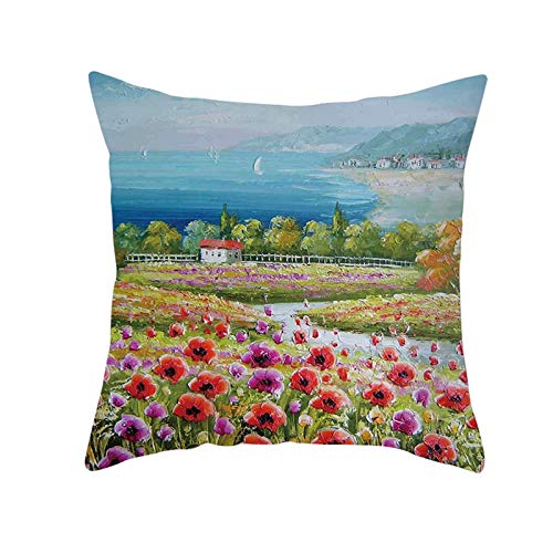 EHOMERY Kissenbezüge Flauschig Kissenhülle Wasserdicht Ölgemälde Blumenmeer Seide Zierkissenbezüge Natur Rechteckig Kissenhüllee Wohnzimmer Sofa Dekoration Blau Grün Rot 18X18 Inches von EHOMERY