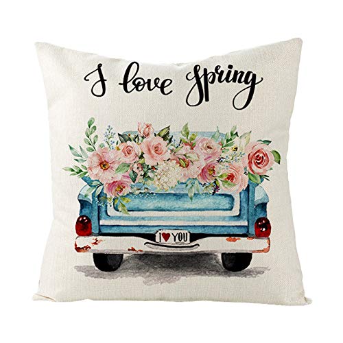 EHOMERY Kissenbezüge Sofakissen Kissenhülle Personalisiert Blumenauto Ich Liebe Den Frühling Flachs Zierkissenbezüge Outdoor Lounge Kissenbezug Indianer Dekoration Blau Rosa 16X16 Inches von EHOMERY