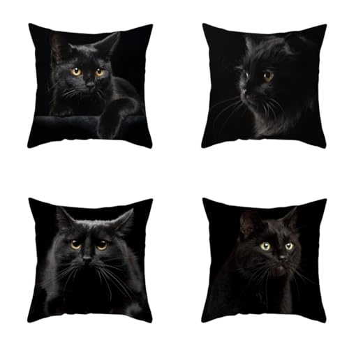 EHOMERY Kissenbezüge Vintage Kissenhülle Leinen Polyester Kissenbezüge Ostern Kissenhülle Personalisiert Die Katze Zierkissenbezüge Sofadekoration Schwarz 40x40cm, 4Pcs von EHOMERY