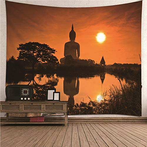 EHOMERY Wandbehang Balkon Großes Wandtuch Orangeschwarz Sonnenuntergang-Buddha Wandteppich Uni Wanddekoration Gemälde Wandschmuck Groß Schlafzimmer Wohnzimmer Wanddekoration 210X140Cm von EHOMERY