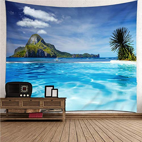 EHOMERY Wandbehang Winter Wandtuch Outdoor Blau Grün Berge Und Meer Wandteppich Bunt Baumwolle Wanddeko Wandschmuck Groß Schlafzimmer Wohnzimmer Wanddekoration 240X220Cm von EHOMERY