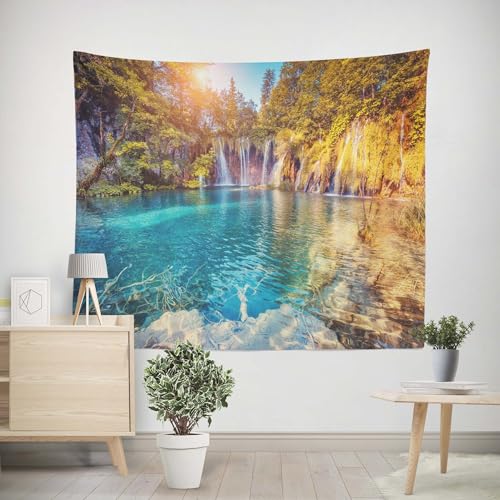 EHOMERY Wandteppich Groß Wandtuch Fenster Wasserfall-Naturlandschaft Wandteppich Quadrate Wandtuch Quote Wohnzimmer Schlafzimmer Wandbehang Dekoration 200x150cm von EHOMERY