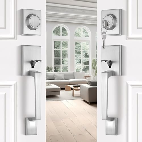 EHOMEWARE Doppel-Türschloss-Set, gebürstetes Nickel, Doppeltürgriff-Set, Außentürgriff mit Riegel und Schnuller, robuste Fronttürbeschläge, wendbarer Türhebel für linke/rechte Türen von EHOMEWARE
