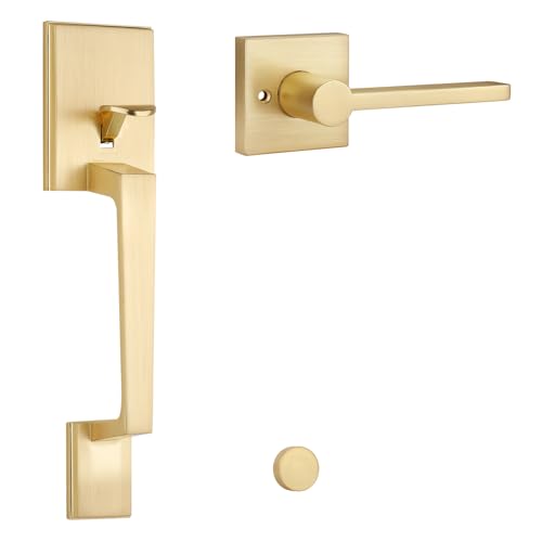 EHOMEWARE Goldfarbener Vordertürgriff, Außentürgriff ohne Schloss, robuste Eingangstürgriffe, wendbarer Türgriff für links- und rechtshändige Türen, satiniertes Messing-Finish von EHOMEWARE