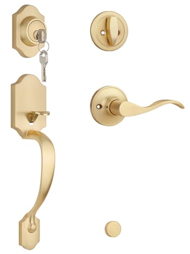 EHOMEWARE Goldfarbenes Türgriff- und Riegel-Set, 1 Stück, Außentürschloss-Set, verschiedene Eingangstürgriffe, satiniertes Messing-Finish, Wellentürgriff für links- und rechtshändige Türen von EHOMEWARE