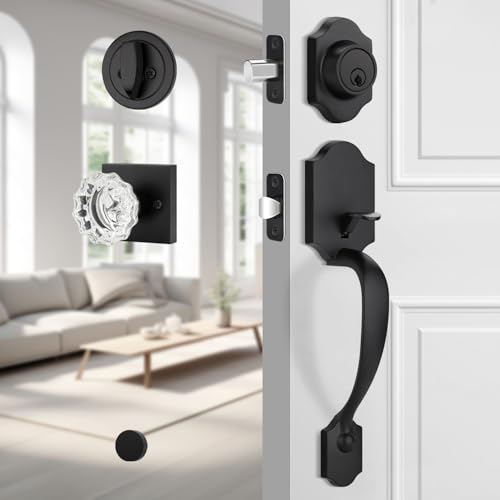 EHOMEWARE Set für Vordertürgriff und Riegel, mattschwarzes Außentürschloss-Set, Haustürschloss mit einzelnem Riegel, robuster Kristall-Eingangstürgriff, passend für linke und rechte Türen von EHOMEWARE