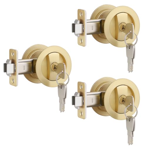 EHOMEWARE Taschen-Türschloss mit Schlüssel, satiniertes Messing, runde Schiebetürbeschläge, bündiger Taschen-Türriegel, robuster flacher Türknauf, 3 Stück von EHOMEWARE
