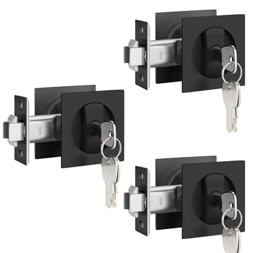 EHOMEWARE Taschentürgriffe, gleichschließend, schwarz, Schiebetürschloss, bündige Taschentürbeschläge, robuste versenkte Taschentürriegel, modernes quadratisches Design, 3 Stück von EHOMEWARE