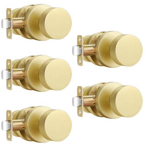 EHOMEWARE Türknäufe aus gebürstetem Gold, schlüssellose Schrank-/Durchgangsgriffe ohne Schloss, robuste Zinklegierung, rundes Design, universelle Passform für links- und rechtshändige Türen, 5 Stück von EHOMEWARE