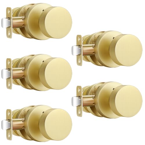 EHOMEWARE Türknäufe für den Innenbereich, 5 Stück, gebürstetes Gold, für Privatsphäre, schlüsselloser Türknauf für Schlafzimmer/Badezimmer, robuster, runder Türgriff, universelle Passform für links von EHOMEWARE