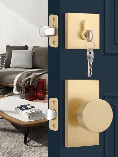 Türschlösser mit Riegel, 3 Stück, goldfarbener Türgriff mit einzelnem Riegel, Türknauf mit Schlüssel, universell für Türen mit Links- und Rechtsgriff, satiniertes Messing von EHOMEWARE
