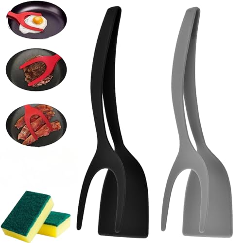 2 in 1 Spatel und Zange Grip Flip Tongs Küchen Pfannenwender Zange Fried Egg Spatula Hitzebeständige Spachtelklemme Eierspatel aus Silikon Spiegeleier Flipper Pfannkuchen Spatel (2PCS-B) von EHOTER