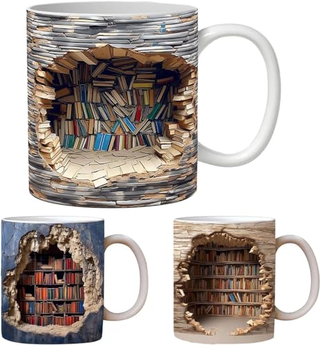 3D Bücherregal Tasse Kaffeetasse Bibliothek Bücherregal Reisebecher Teebecher Milchbecher Porzellan Knochenbecher Bücherregal Becher Neuheit Sprüche Buchliebhaber Becher Weihnachtsgeschenk (3PCS) von EHOTER
