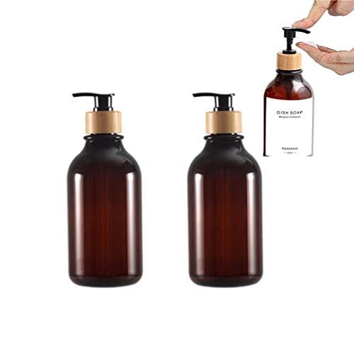 500 ml dicker, bernsteinfarbener Seifenspender, glänzende Oberfläche mit schwarzer Bambusholzpumpe, Boston runde Flaschenspender mit rostfreier Pumpe für ätherische Öle, Lotion, Seife (2 Stück) von EHOTER