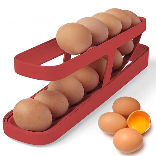 EHOTER Eierhalter für Kühlschrank Automatisch Rollender 2-stöckiger Eierspender Eierbehälter Rolldown Eier Organizer Eierablage Egg Holder für Eier Aufbewahrung im Kühlschrank Küche (Rot) von EHOTER