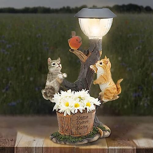 EHOTER Katzen-Solarlicht, Gartenstatuen, Solarstatue, Solar-Gartenornamente, Tier-Gartenstatue, niedliche Katzenfigur, Ornament mit LED-Laterne, Dekoration, Geschenk für Katzenliebhaber von EHOTER