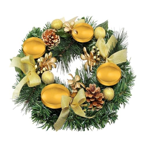 EHOTER Künstlicher Adventskranz Mit 4 Kerzenhaltern | 30cm Weihnachtskranz Adventskerzenhalter | Künstlicher Kranz Mit Kerzenständer Weihnachtsdeko | Weihnachtliches Herzstück Tisch Geschenk (Gold) von EHOTER