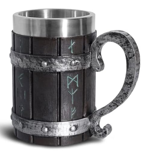 EHOTER Nordic Viking Warrior Rune Biergläser Krug Bar Drinkware Stainless Edelstahl Holz Harz 3D Norse Dekor Kaffee Cool Gothic Beer Tankard Stein Cup Mugs von EHOTER