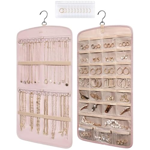 EHOTER Schmuck-Organizer zum Aufhängen, Reise-Schmuck-Rollkoffer für Halsketten, Ohrringe, Ringe, Broschen und mehr, doppelseitig, hängender Schmuck-Organizer für Schrank, Wand, Tür (Rosa) von EHOTER