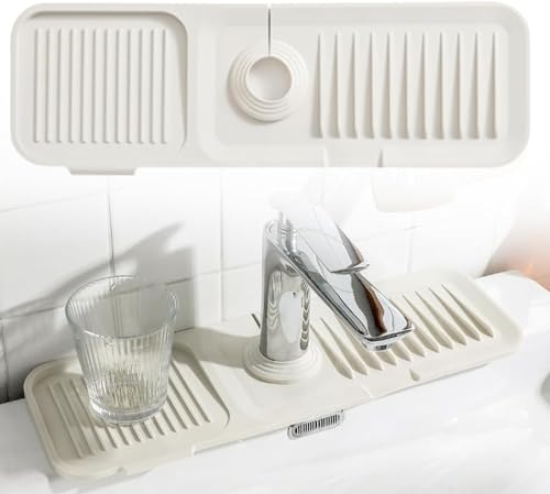 EHOTER Silikon Wasserhahn Abtropfmatte Wasserhahn Spüle Spritzschutz Wasserfänger Matte Tropffänger Tablett für Küche Badezimmer Arbeitsplattenschutz Frau Geschenk (Beige,L) von EHOTER