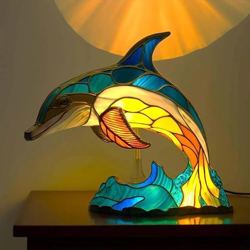 EHOTER Tier Tischlampen Serie Buntglas Tierform Retro Nachtlicht Vintage Tischleuchte Harz Böhmische Tierlampe Nachttischlampe für Heimdekoration Tierliebhaber (Delphin) von EHOTER