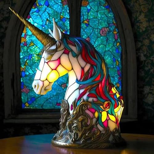 EHOTER Tier Tischlampen Serie Buntglas Tierform Retro Nachtlicht Vintage Tischleuchte Harz Böhmische Tierlampe Nachttischlampe für Heimdekoration Tierliebhaber (Einhorn) von EHOTER