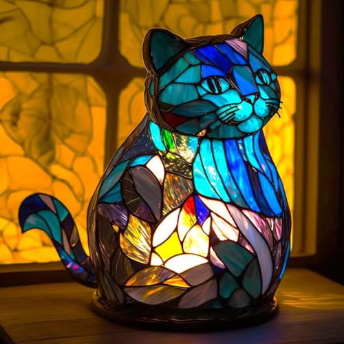 EHOTER Tier Tischlampen Serie Buntglas Tierform Retro Nachtlicht Vintage Tischleuchte Harz Böhmische Tierlampe Nachttischlampe für Heimdekoration Tierliebhaber (Katze) von EHOTER