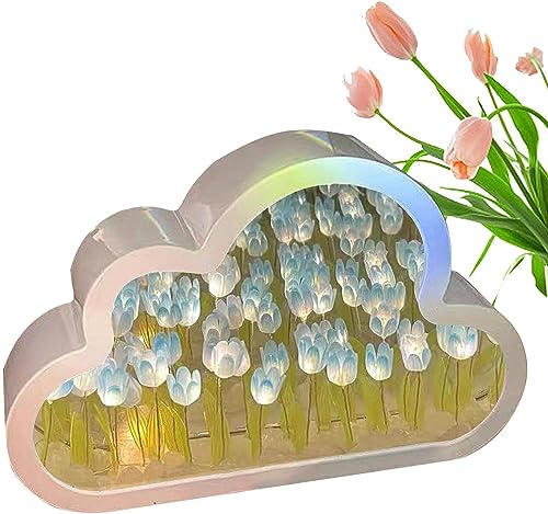 EHOTER Tulpen Wolke Lampe Cloud Mirror Tulip Lamp 2 in 1 Wolken Tulpen Nachtlicht mit Spiegel Wunderschöne Tulpen Spiegel Lichter Home Deko Geburtstag Geschenke für Freunde (Blau) von EHOTER