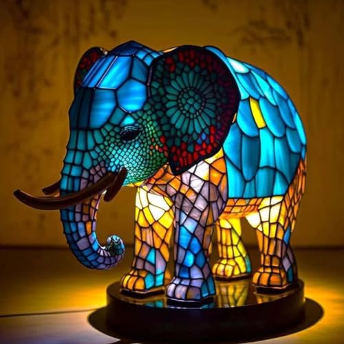 EHOTER Vintage Tier Tischlampe Tiffanies Stil Buntglaslampe Buntglas gestapelt Nachtlicht Böhmische Tier Tischlampen Ästhetische Raumdekoration für Schlafzimmer Geschenk für Weihnachten (Elefant, S) von EHOTER
