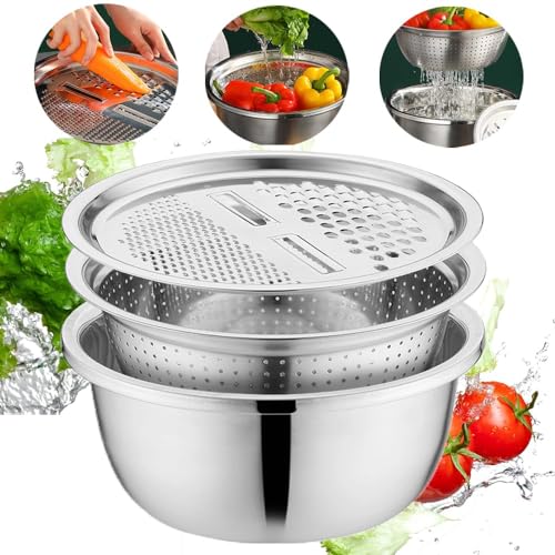 EHOTER Edelstahl Seiher und Schüsselset Küchensieb Nudelsieb Reis Waschschüssel Salat-Sieb Rührschüssel Set Stapelbar Edelstahl Schüsselset Siebbecken Reibensieb Abflusskorb (26cm) von EHOTER