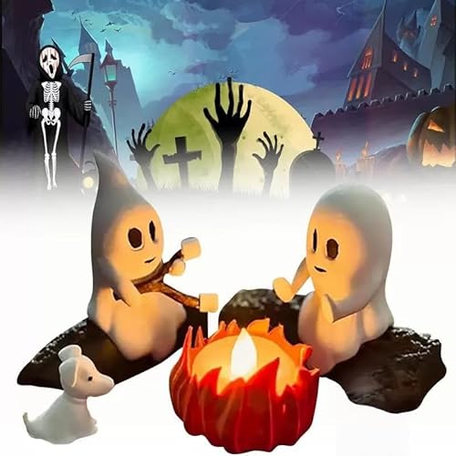 Geister-Lagerfeuer flackerndes Nachtlicht Ghost Lagerfeuer Versammlung Lustiges Halloween-Nachtlicht Dekor 2 Geister Rösten Marshmallows am Lagerfeuer 3D Gruseliges Feuer Marshmallow Nachtlicht (Hund) von EHOTER