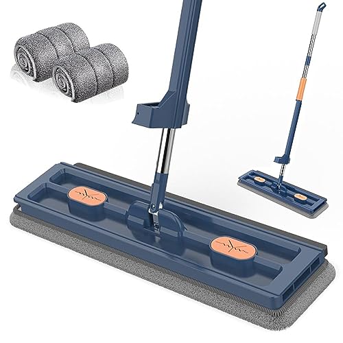 EHOTER Großer Flachmop Flach Mopp Bodenwischer mit Langem Edelstahl Griff Mikrofaserpads 360 Drehbar Entwässerungsschabermopp für Fliesen Laminat Holzböden (2,Blau) von EHOTER