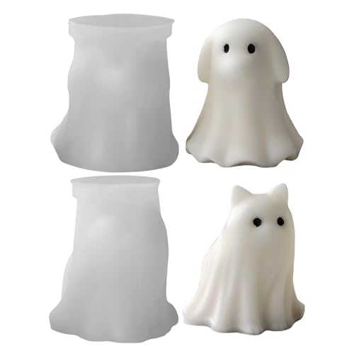 Halloween-Form für Kerzen, Katze, Hund, Kunstharz, Gießgeist, Geist, Silikonformen für Halloween, Aromatherapie, Kerzen, Seife, Zuhause, Kunst, Handwerk, Dekoration (Geisterwelpe + Kätzchen) von EHOTER