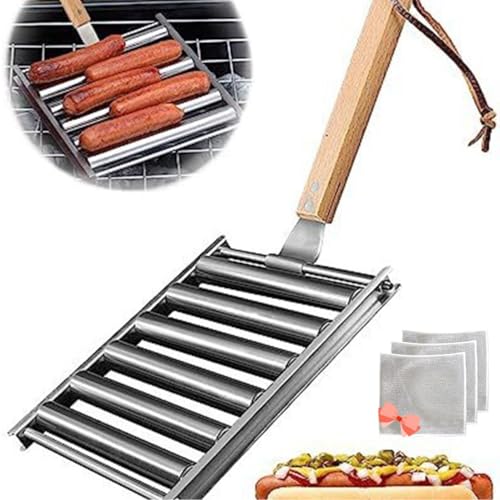 Hot Dog Roller-Grillrost aus Edelstahl, abnehmbarer Hot-Dog-Rollenhalter mit zusätzlichem langem Holzgriff, 5 Hot Dog-Kapazität, Wurstgrill für Camping, Grillzubehör (40 cm) von EHOTER